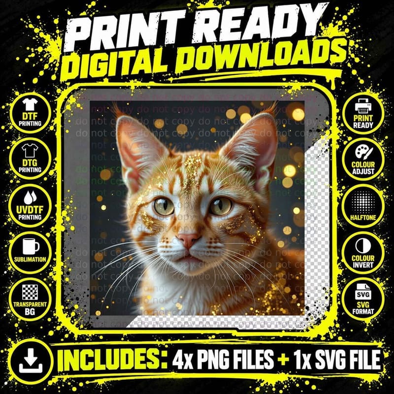 Striking Orange Tabby Cat Green Eyes Gold Glitter Png SVG Digital Bundle