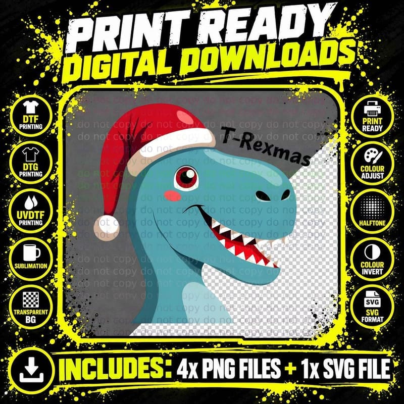 T-Rexmas Dinosaur Santa Hat Funny Christmas T-Shirt Png SVG Digital Bundle