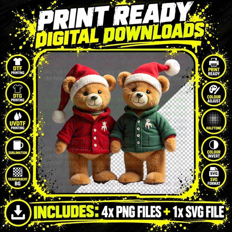 Teddy Bear Friends Santa Hat Reindeer Christmas Holiday Png SVG Digital Bundle
