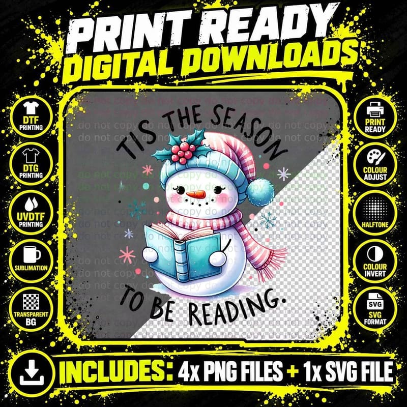 Tis the Season to Be Reading Snowman Pm, Vintage Retro Png SVG Digital Bundle