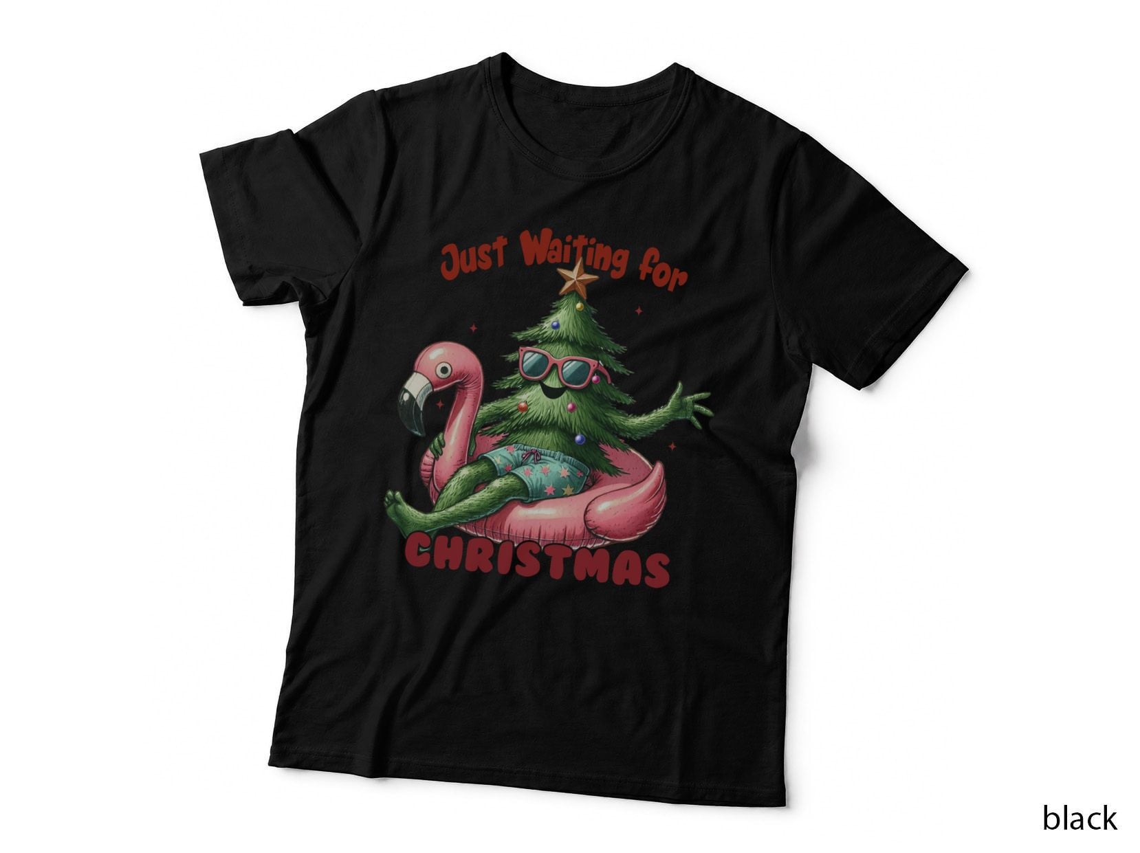 Tropical Christmas Tree on Flamingo Pool Float Funny Holiday T-Shirt