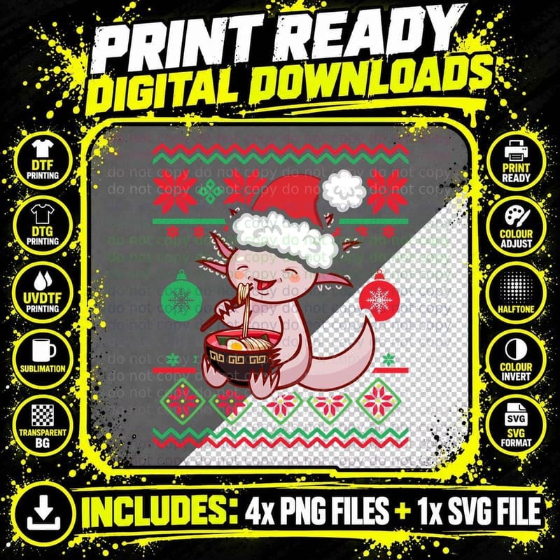 Ugly Anime Christmas Sweater Kawaii Axolotl Eating Ramen Png SVG Digital Bundle