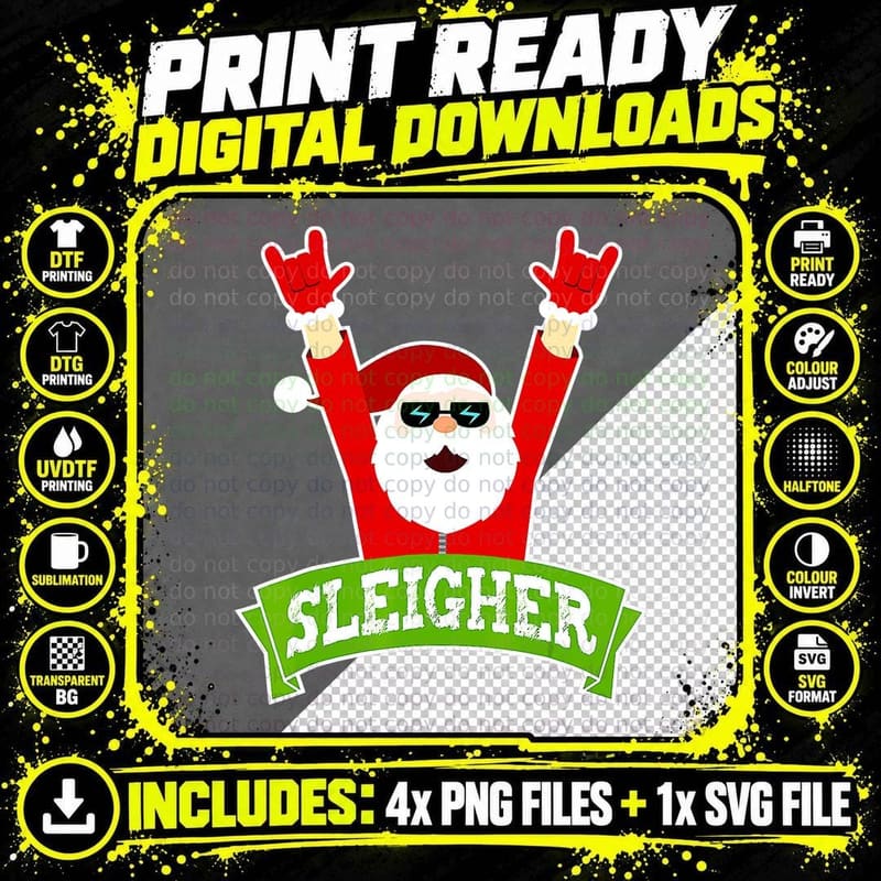 Ugly Christmas Sweater Sleigher Heavy Metal Santa Xmas Png SVG Digital Bundle