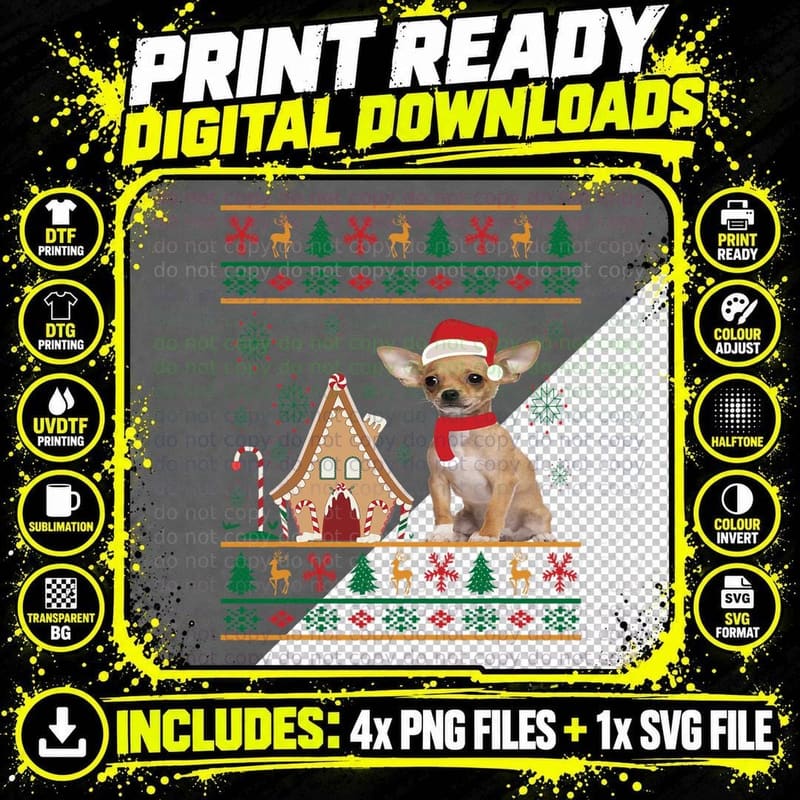 Ugly Sweater Christmas Chihuahua Santa Hat Reindeer Xmas Png SVG Digital Bundle