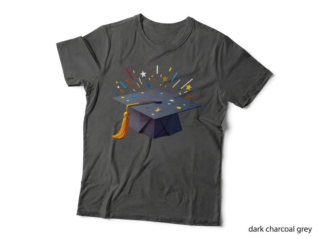 Vibrant 3D Graduation Cap Colorful Stars Confetti Festive Achievement T-Shirt