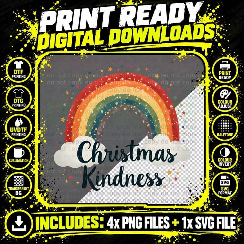 Vibrant Christmas Kindness Rainbow with Stars & Dots Png SVG Digital Bundle