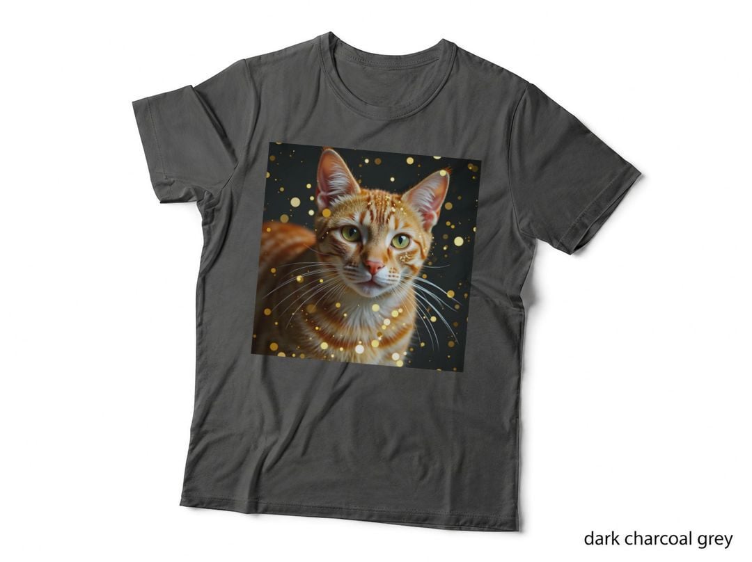 Vibrant Orange Tabby Cat Green Eyes Gold Dots Festive Pet T-Shirt