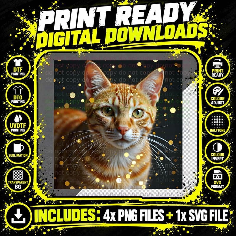 Vibrant Orange Tabby Cat Green Eyes Gold Dots Festive Png SVG Digital Bundle