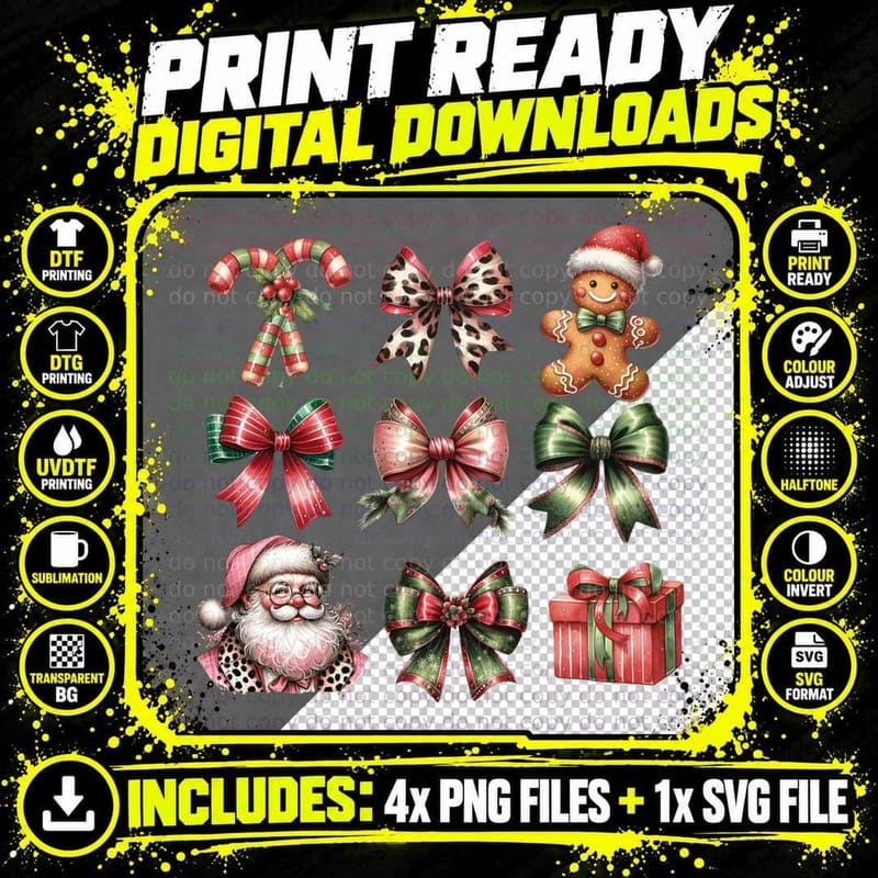 Vintage Pink Green Christmas Bows and Gingerbread Retro Png SVG Digital Bundle