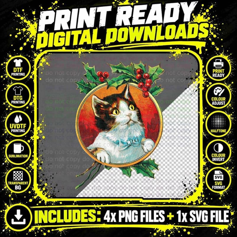 Vintage Retro Cute Cat Christmas with Mistletoe Png SVG Digital Bundle
