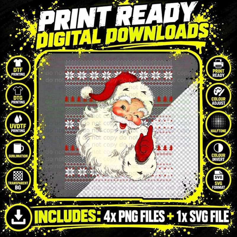 Vintage Winking Santa Matching Family Group Ugly Png SVG Digital Bundle