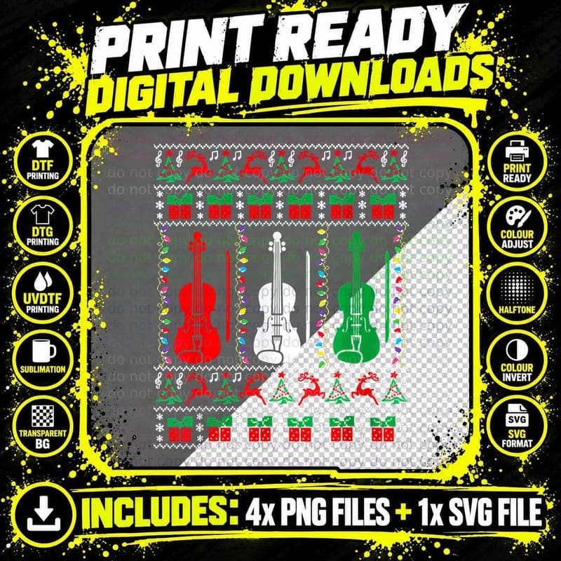 Violin Ugly Christmas Sweaters Violinist Xmas Family Png SVG Digital Bundle