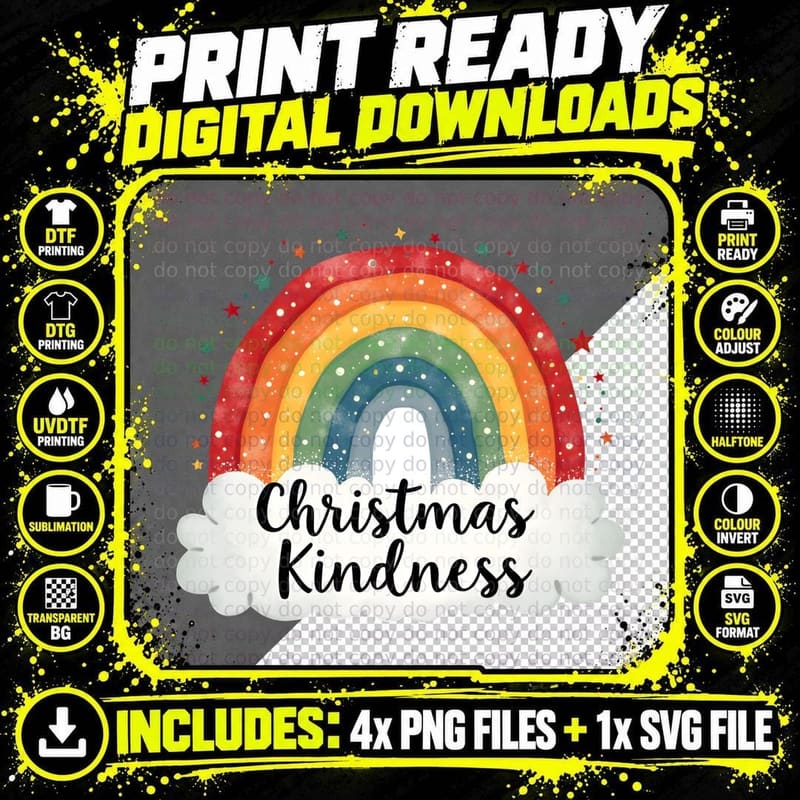 Watercolor Style Christmas Kindness Rainbow with Png SVG Digital Bundle
