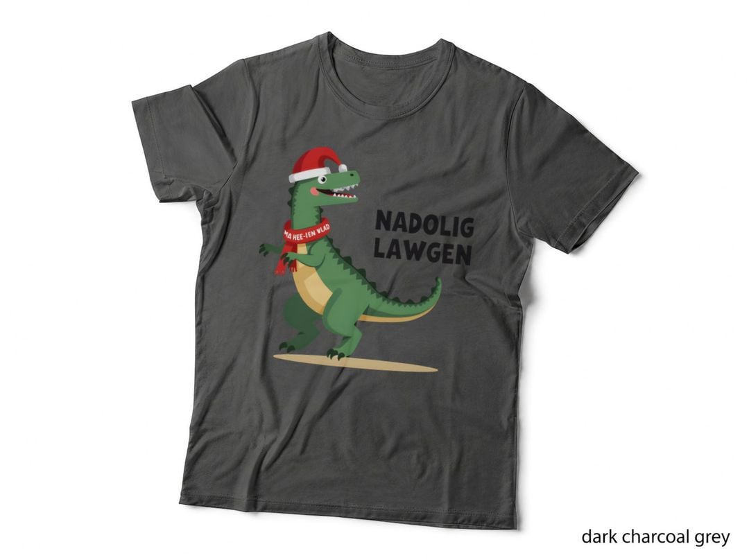 Welsh Christmas Dinosaur Nadolig Lawen Festive Santa Hat Holiday T-Shirt