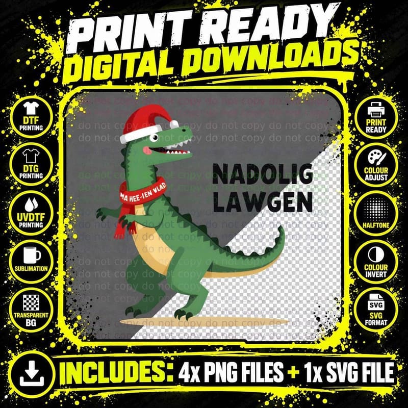 Welsh Christmas Dinosaur Nadolig Lawen Festive Santa Hat Png SVG Digital Bundle