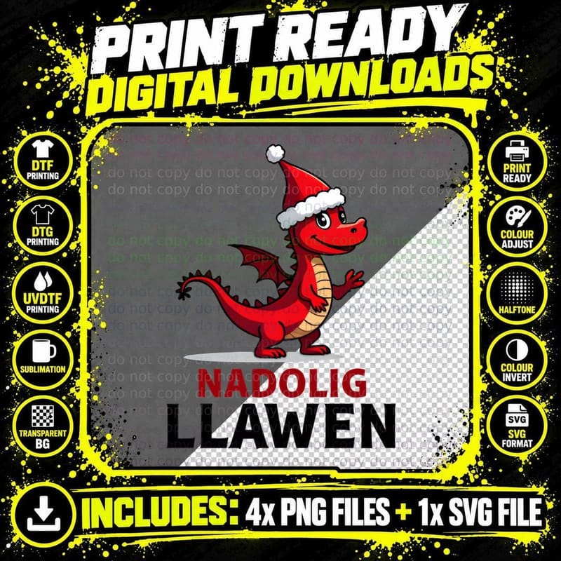 Welsh Christmas Dragon Nadolig Llawen Festive Holiday Png SVG Digital Bundle