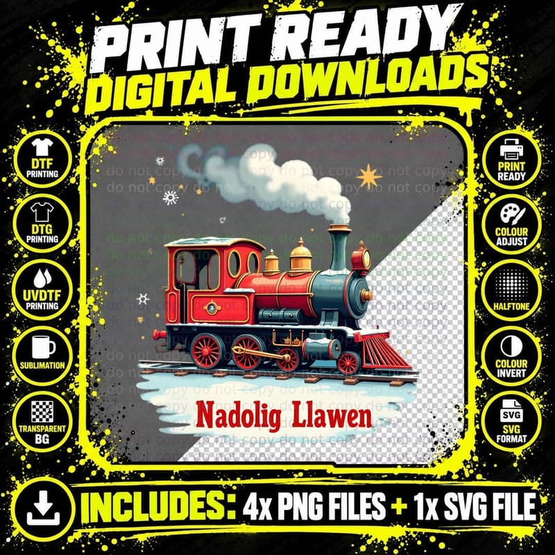 Welsh Christmas Nadolig Llawen Train Stars Snowflakes Png SVG Digital Bundle