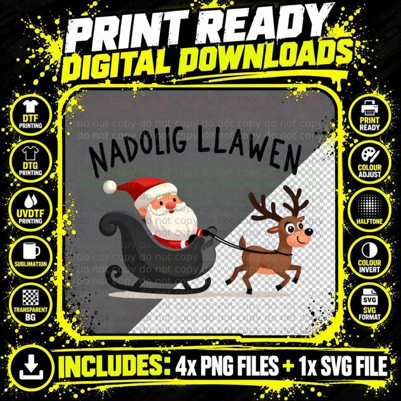 Welsh Christmas Santa Reindeer Sleigh Nadolig Llawen Png SVG Digital Bundle