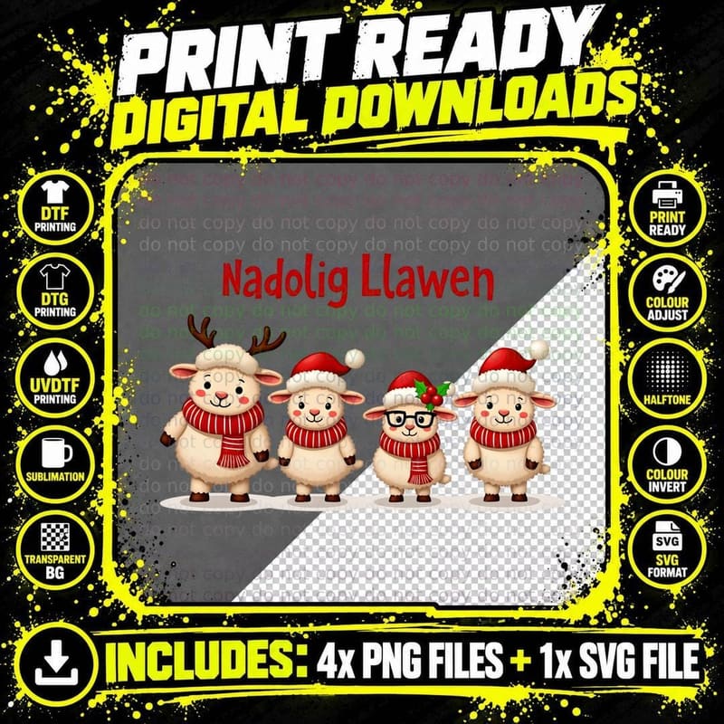 Welsh Christmas Sheep Nadolig Llawen Scarves Santa Hats Png SVG Digital Bundle