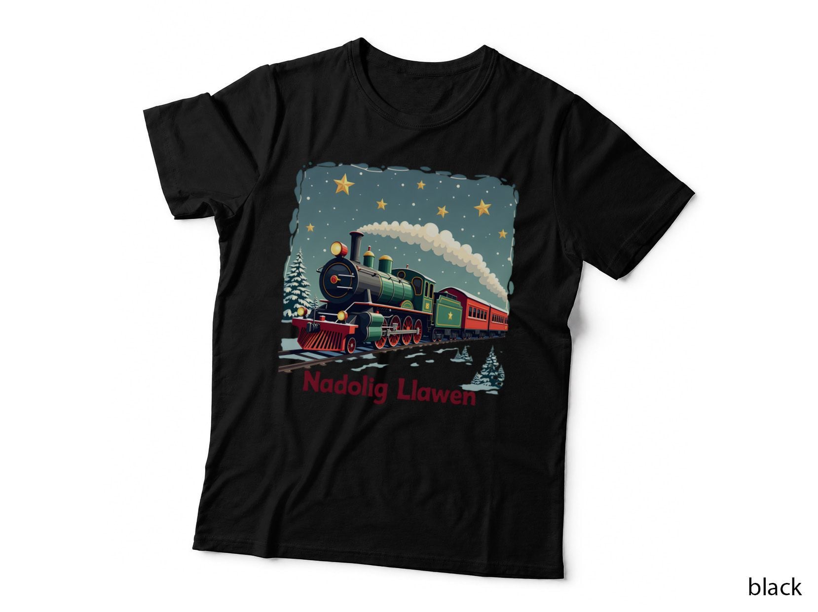 Welsh Nadolig Llawen Festive Train Stars Snowflakes Christmas Season T-Shirt