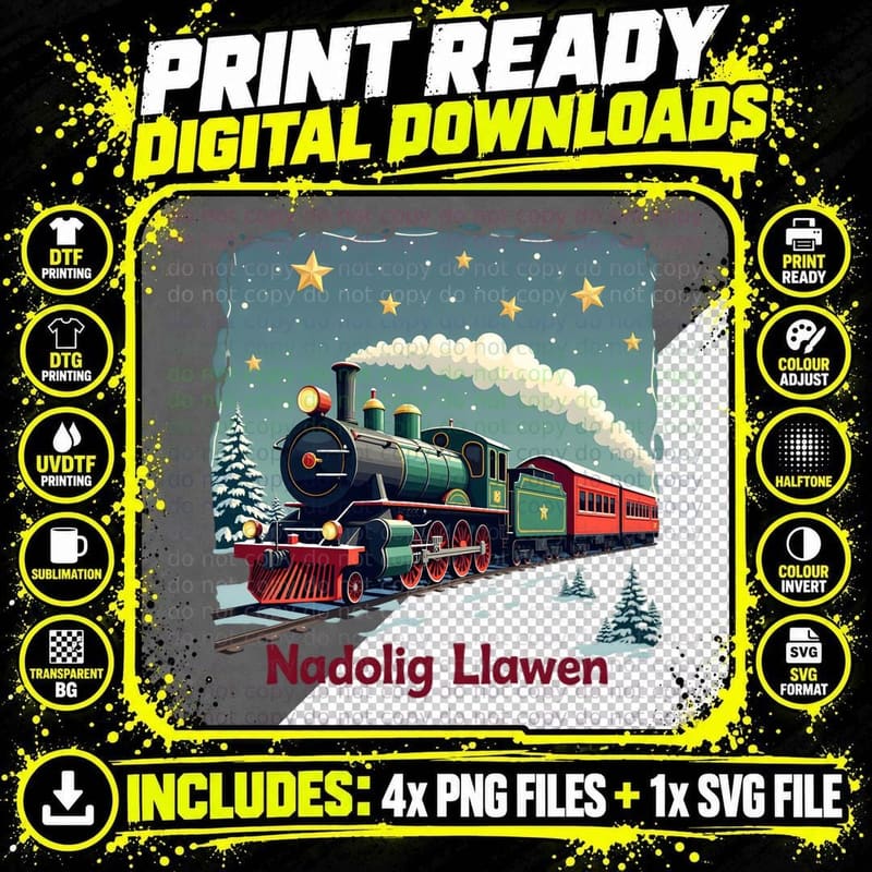 Welsh Nadolig Llawen Festive Train Stars Snowflakes Png SVG Digital Bundle
