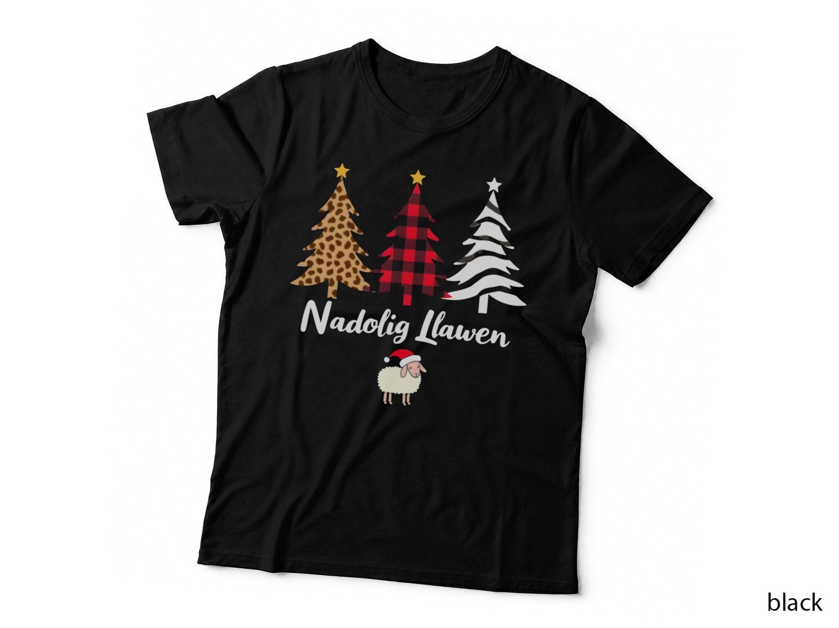 Welsh Nadolig Llawen Leopard Plaid Christmas Trees Sheep Holiday T-Shirt