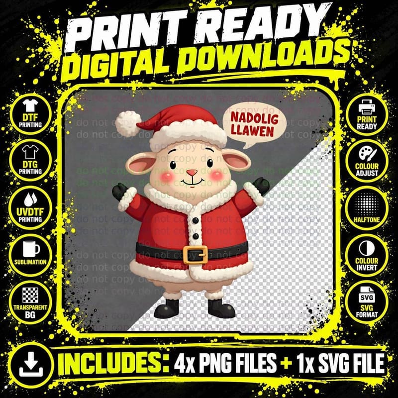 Welsh Sheep Christmas, Nadolig Llawen, Red Suit T-Shirt Png SVG Digital Bundle