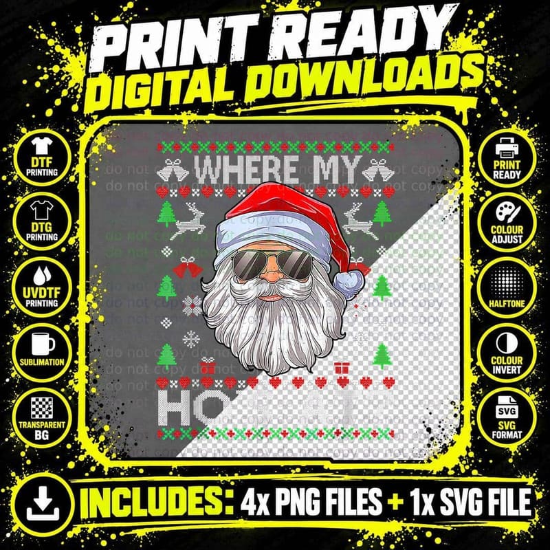 Where My Hos at Ugly Christmas Sweaters Santa Adult Png SVG Digital Bundle
