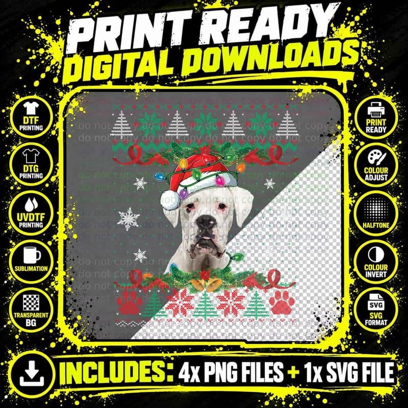 White Boxer Christmas Santa Ugly Sweater Dog Lover Xmas Png SVG Digital Bundle