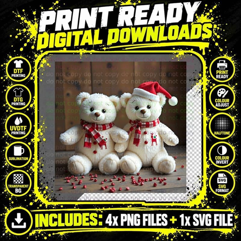 White Teddy Bears Jingle Bells Festive Holiday Scarf Png SVG Digital Bundle