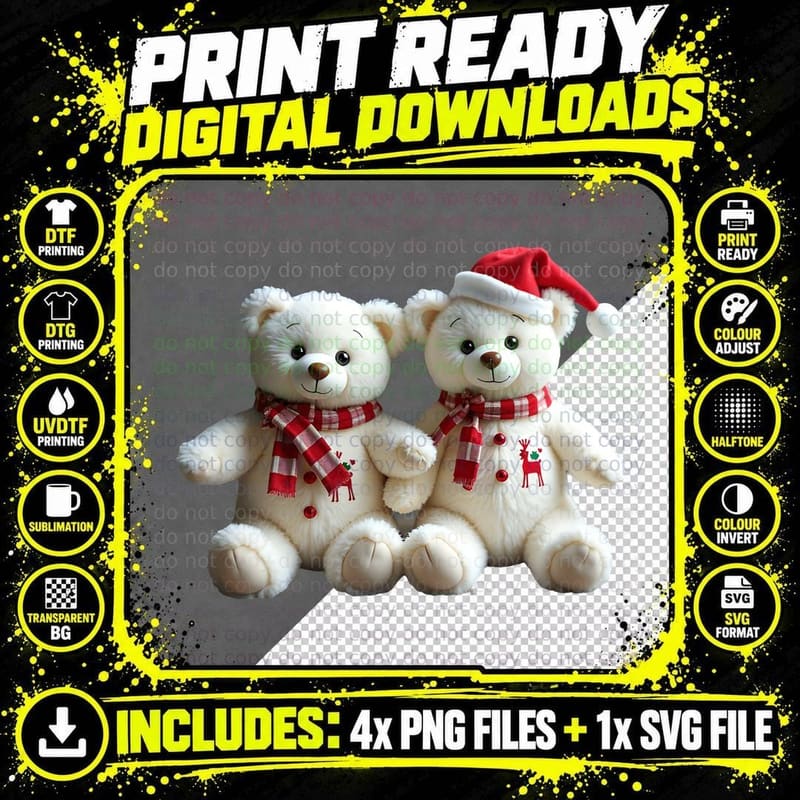 White Teddy Bears Reindeer Checkered Scarf Holiday Png SVG Digital Bundle