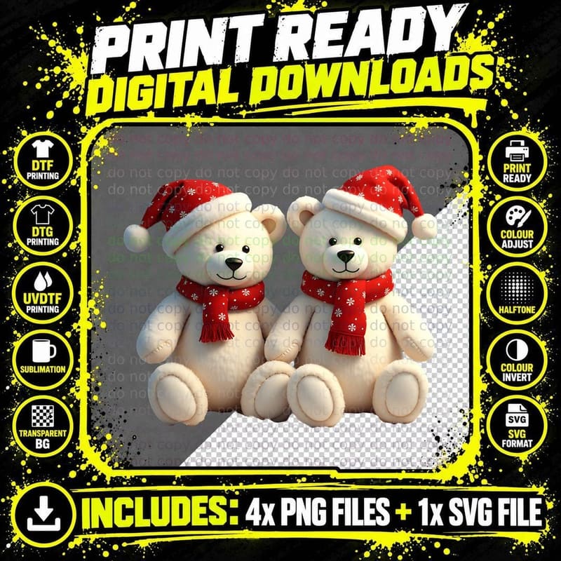 White Teddy Bears Snowflake Scarf Santa Hat Holiday Png SVG Digital Bundle
