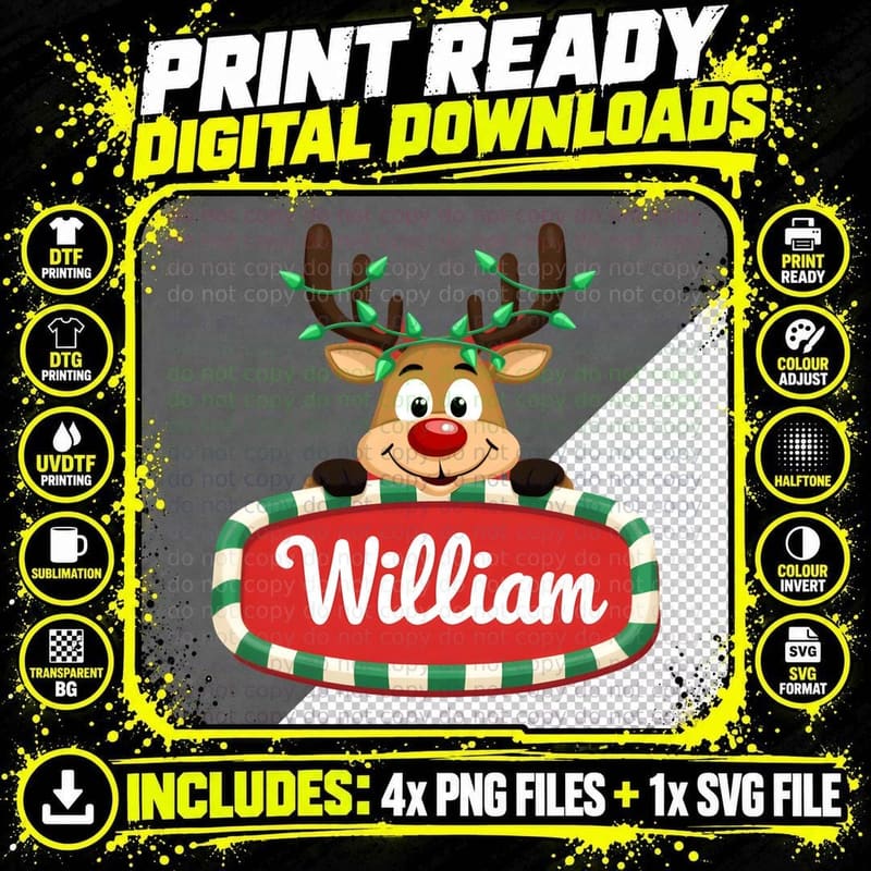 William Custom Reindeer Peeking Christmas Lights Happy Png SVG Digital Bundle