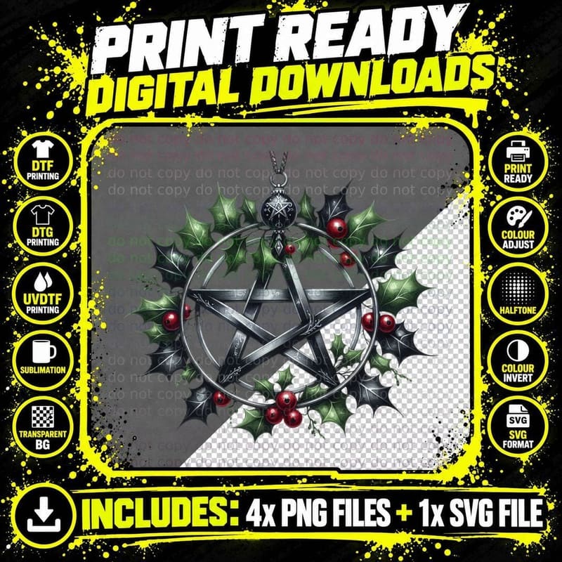 Witchy Christmas Pentagram Wreath Gothic Holiday Pagan Png SVG Digital Bundle