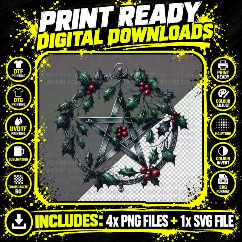 Witchy Gothic Pentagram Holly Wreath Pagan Christmas Png SVG Digital Bundle