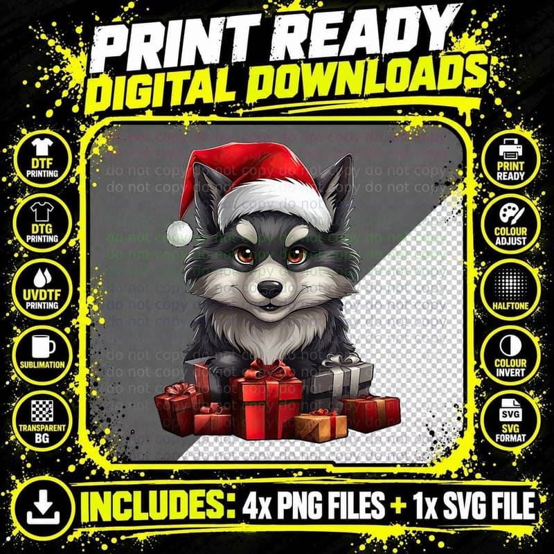 Wolf Santa Claus Hat Christmas Pajama Xmas Party T-Shirt Png SVG Digital Bundle