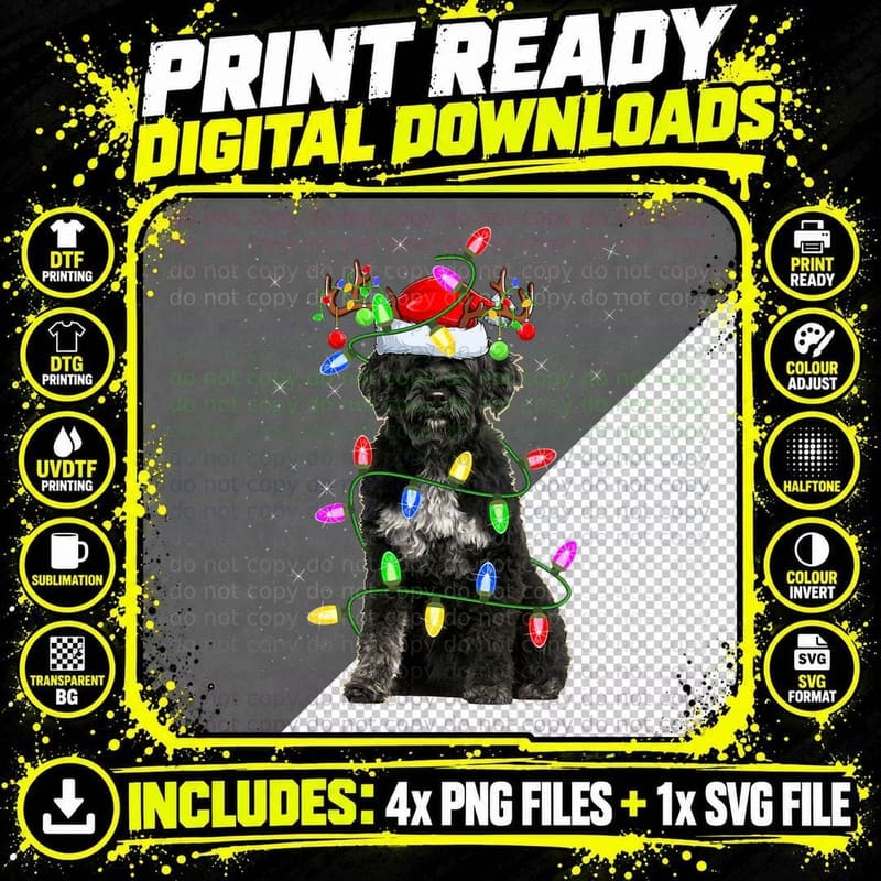 Xmas Holiday Lighting Santa Portuguese Water Dog Png SVG Digital Bundle