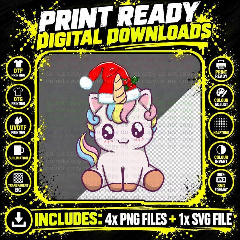 Xmas Kawaii Unicorn Cute Christmas Animal Santa's Hat Png SVG Digital Bundle