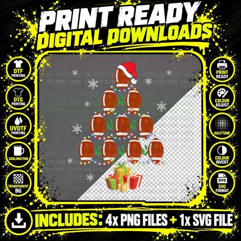 Xmas Lights Santa American Football Christmas Tree Png SVG Digital Bundle