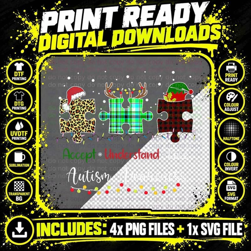 Accept Understand Love Autism Awareness Puzzle Christmas Png SVG Digital Bundle