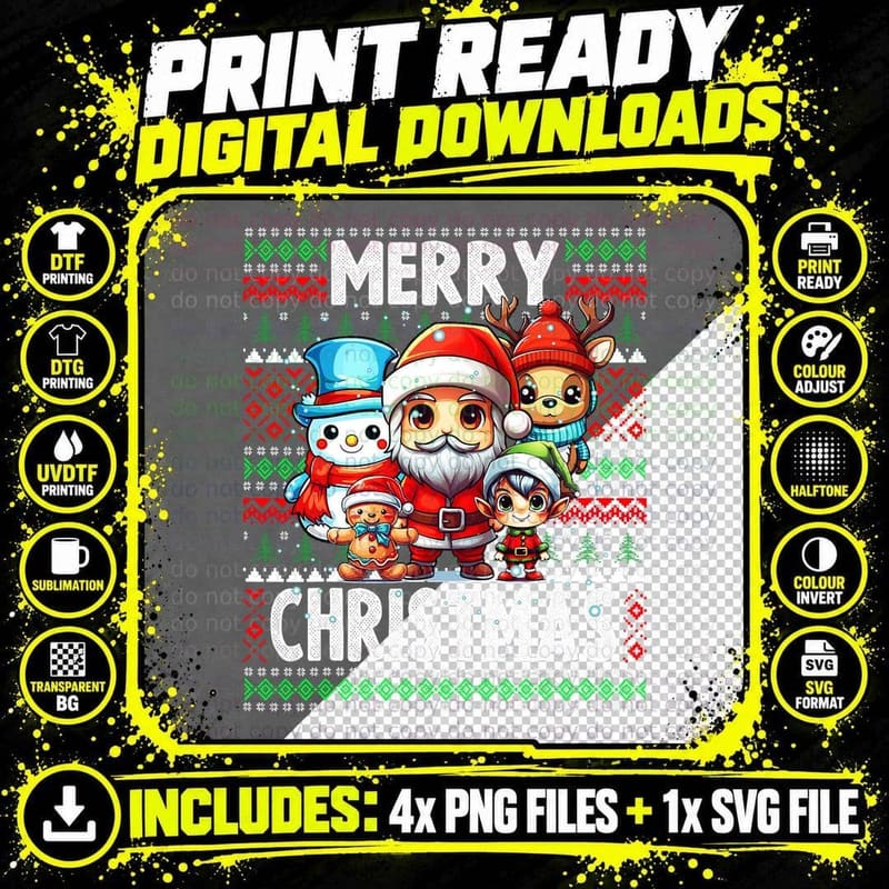 Adorable Chibi Santa, Elf, Reindeer, Snowman Png SVG Digital Bundle
