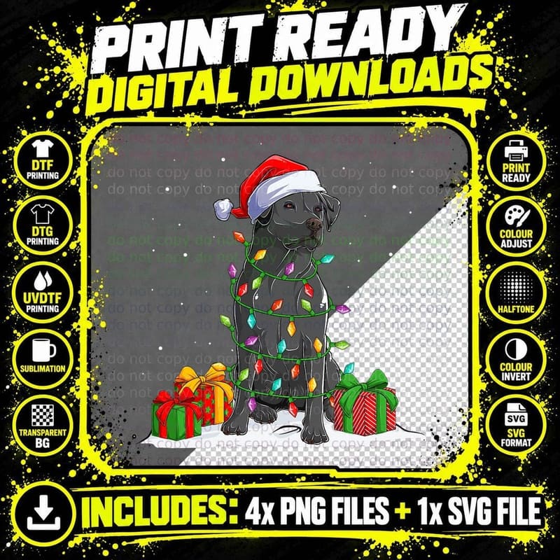 Black Lab Labrador Christmas Lights Pajama Dog Lover Png SVG Digital Bundle