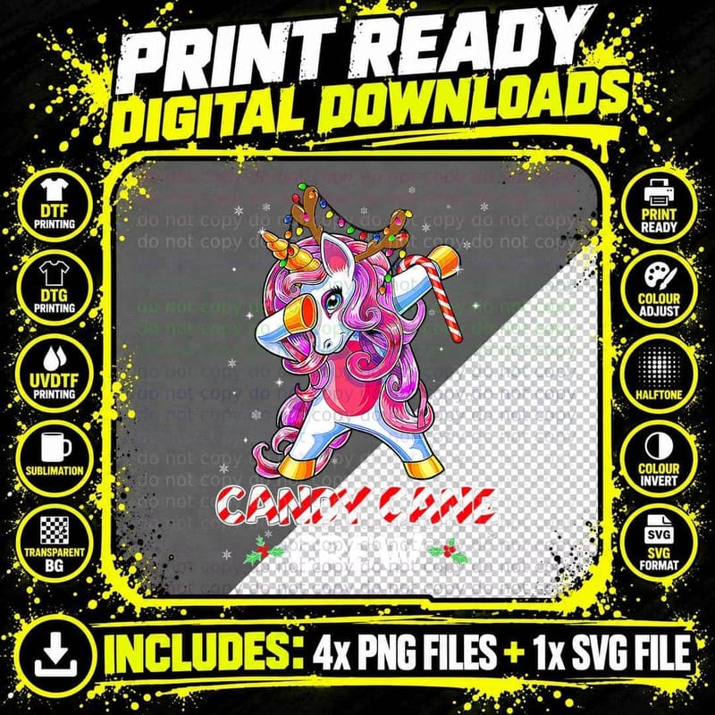Candy Cane Crew Unicorn Squad Funny Christmas Girls Kids Png SVG Digital Bundle