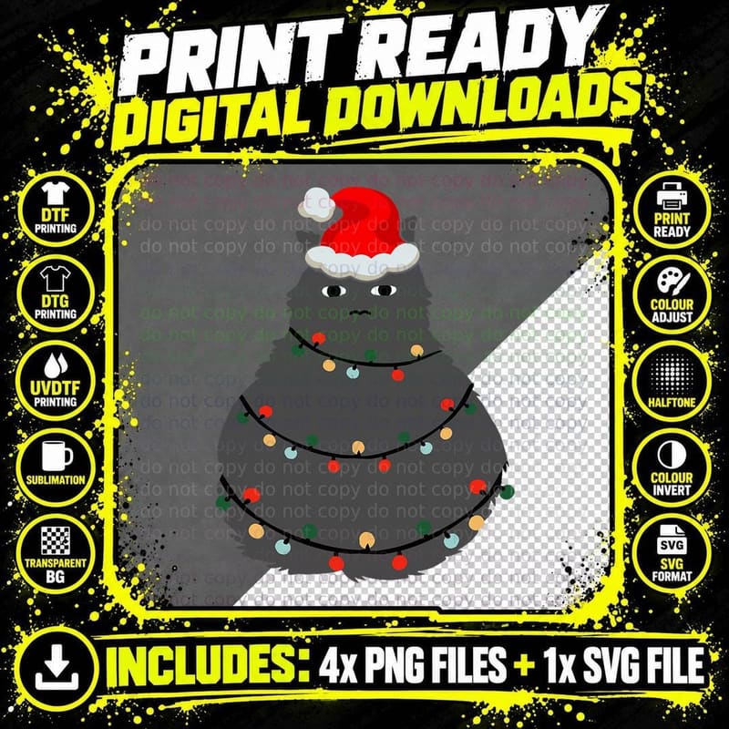 Cat as a Christmas Tree with Fairy Lights T-Shirt Png SVG Digital Bundle