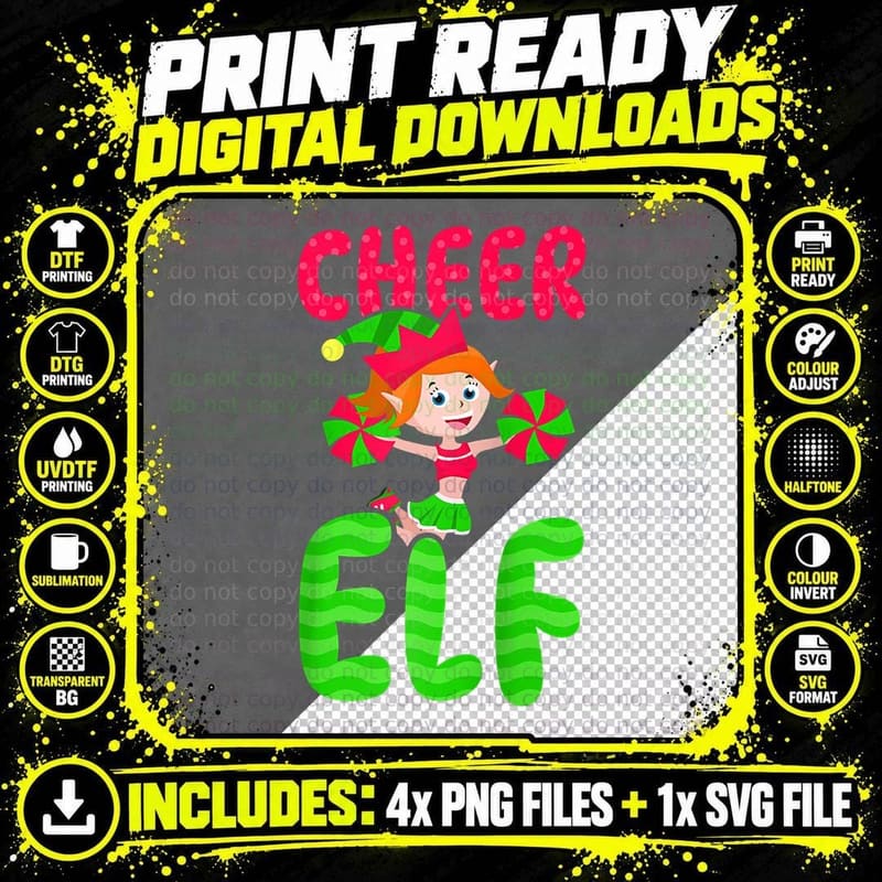 Cheer Elf Design Christmas Cheerleader Png SVG Digital Bundle