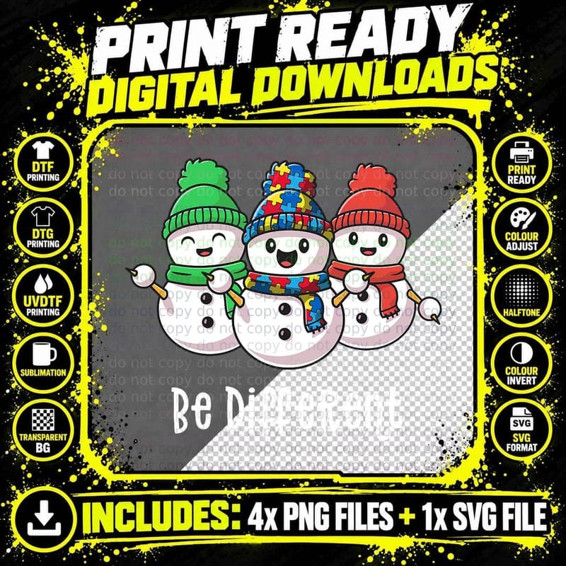 Christmas Autism Awareness Be Different Snowman Xmas Png SVG Digital Bundle