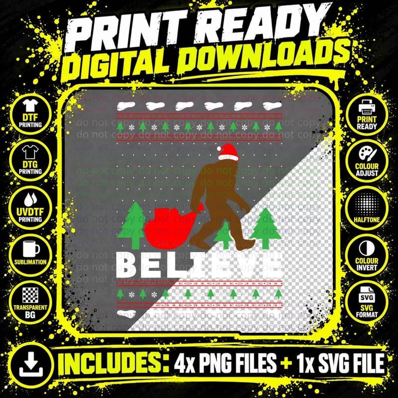 Christmas Santa Bigfoot Believe Bigfoot Ugly Christmas Png SVG Digital Bundle