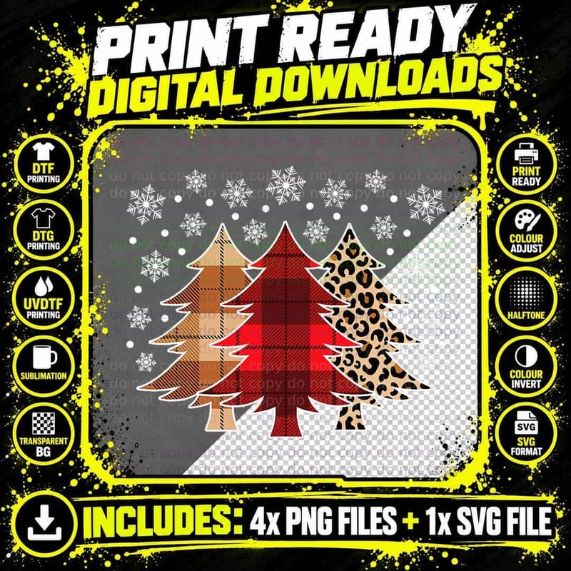 Christmas Tree Buffalo Plaid Leopard Print Xmas T-Shirt Png SVG Digital Bundle