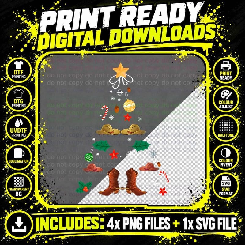 Cowboy Christmas Tree Boots Cowgirl Xmas Western West Png SVG Digital Bundle
