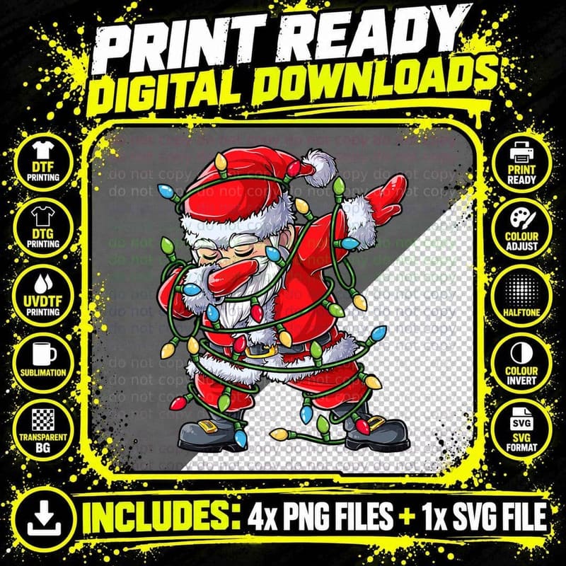 Dabbing Santa Christmas Tree Lights Xmas Gifts Boys Kids Png SVG Digital Bundle